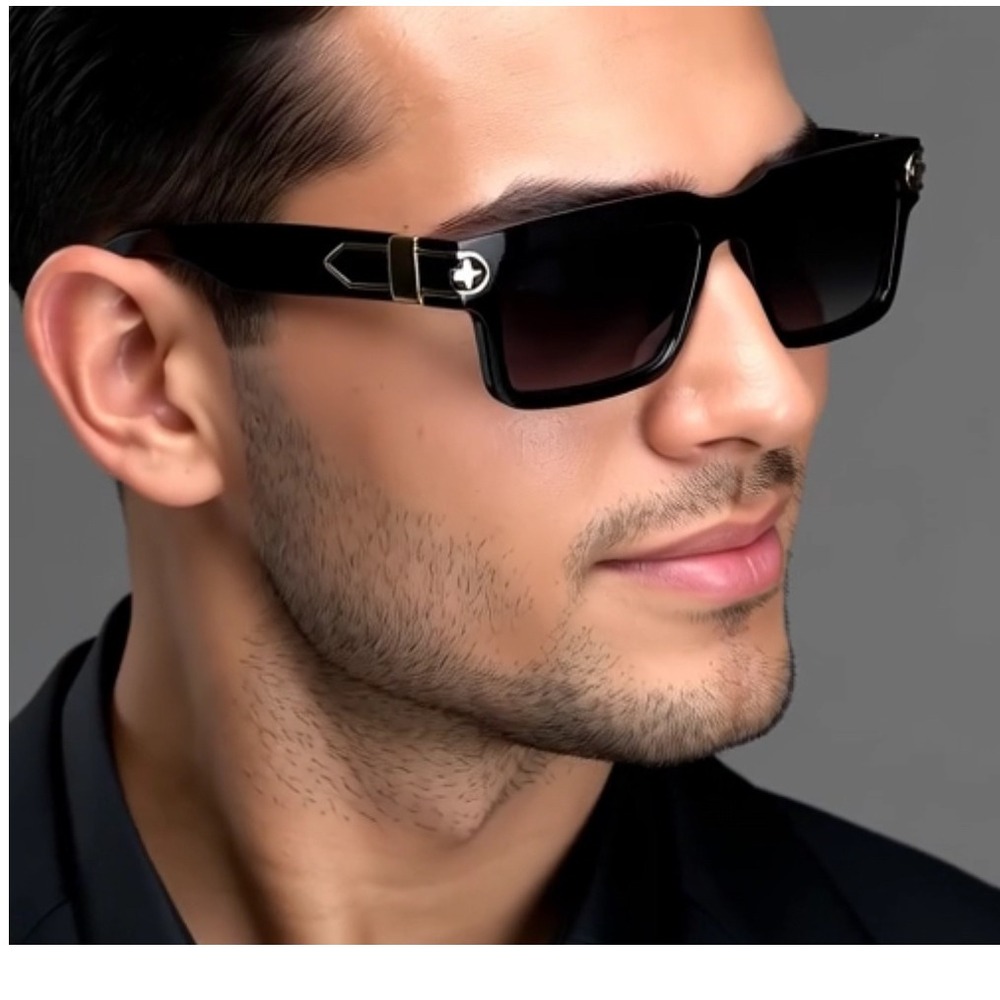 Men's Black Luxury Sunglasses Square Frame Gold Accent Gradient Lens 2025 Lentes